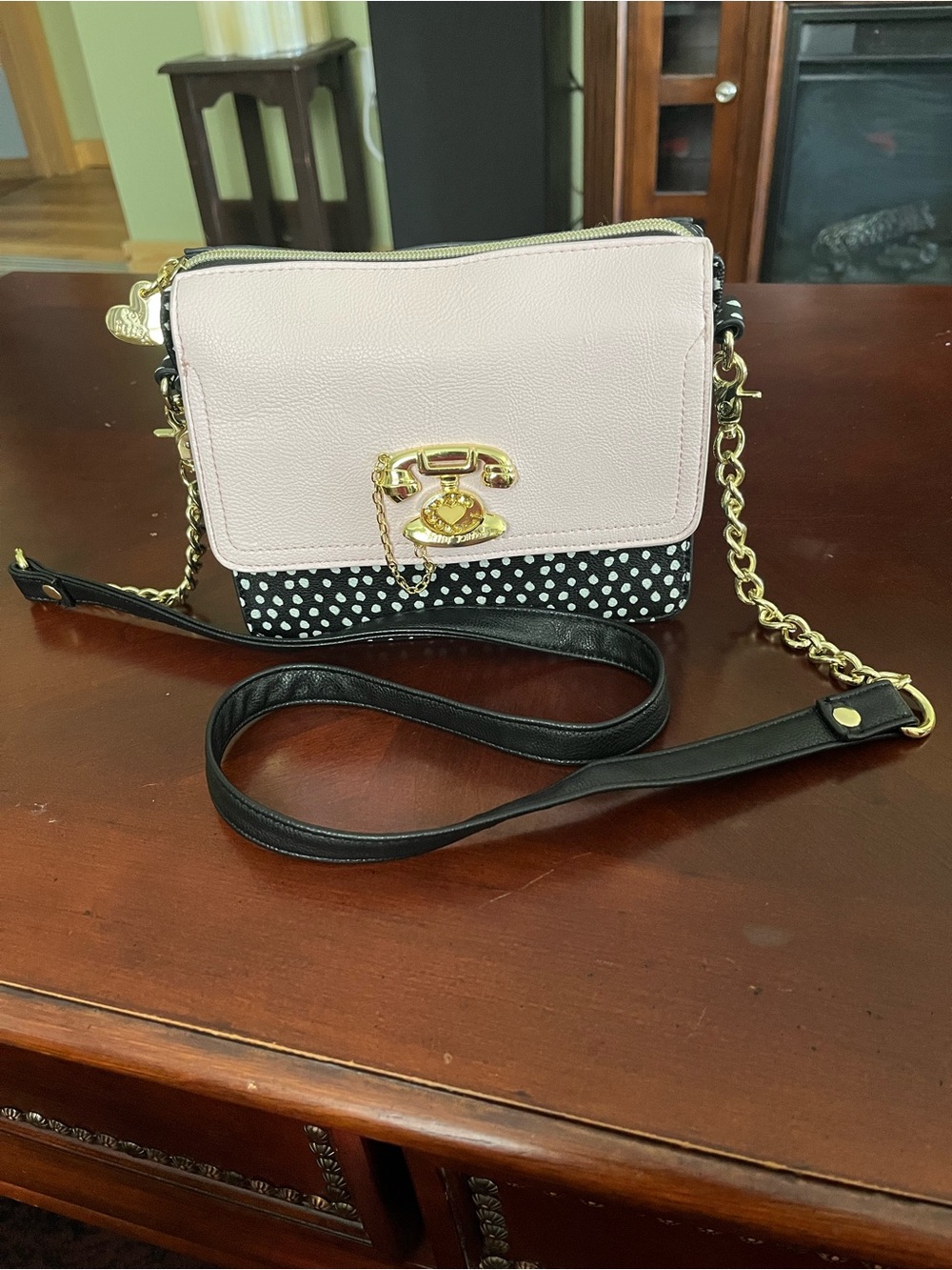 Betsey Johnson Pink, Black and White Polka Dot Crossbody Bag with Gold Hardware
